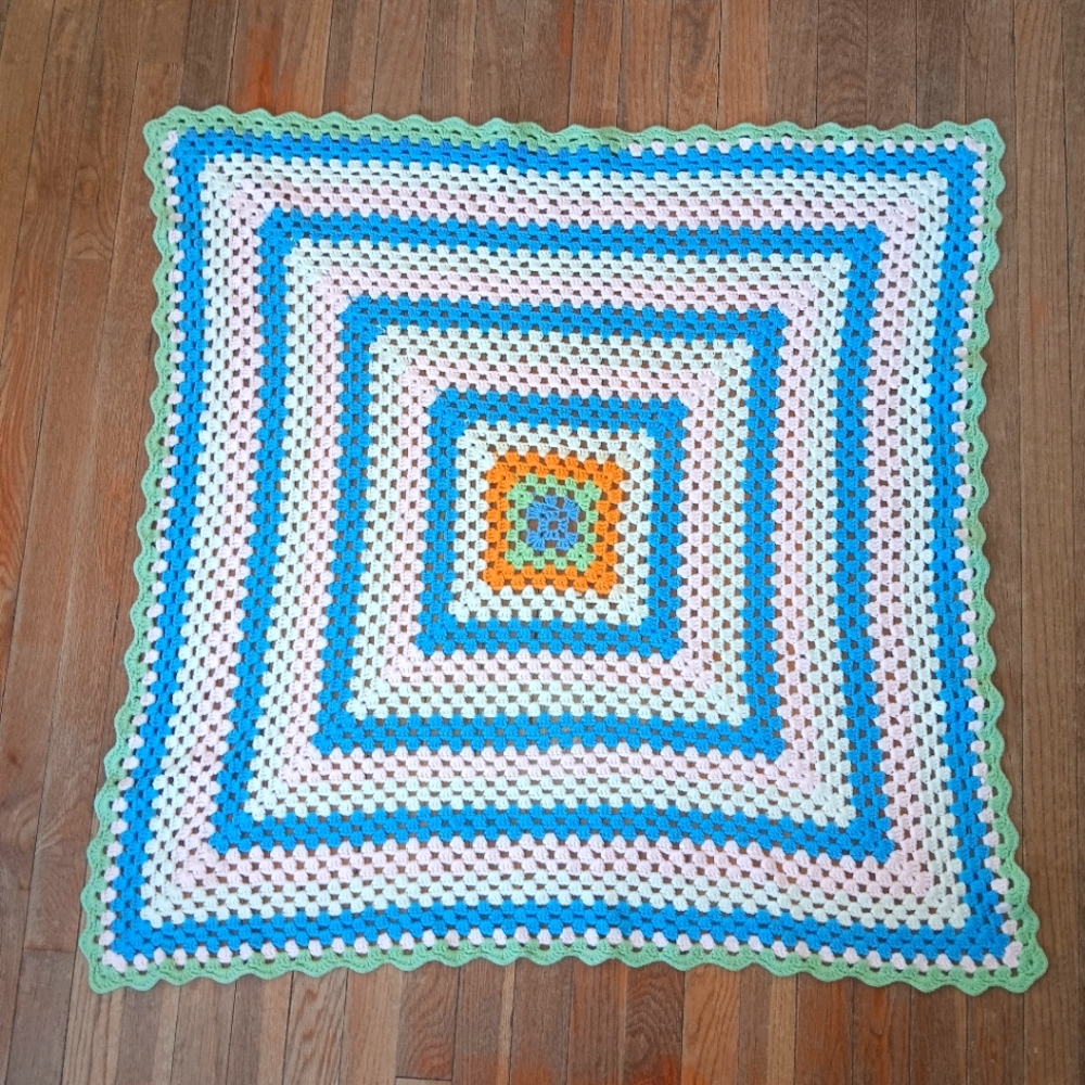 Vintage Hand Crafted Crochet Multicolor Granny Square Baby Blanket Throw